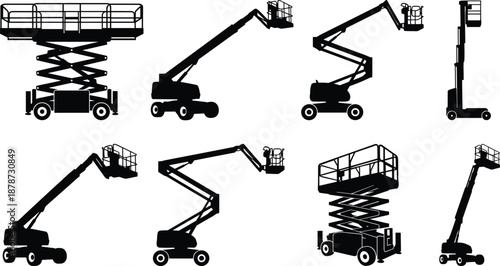 Aerial work platform silhouettes set, scissor lift and boom lift machines, construction maintenance access equipment, minimal black vector illustration