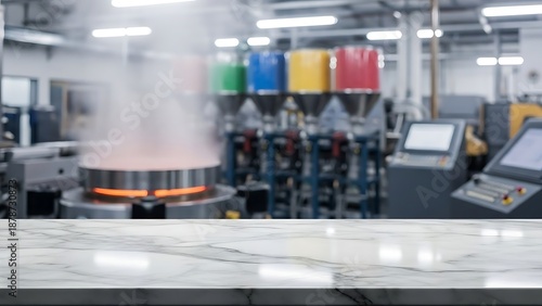 Industrial manufacturing process with machinery and marble countertop for mockup and commercial usage