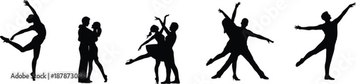 Ballet dancers silhouette collection with solo and couple poses, classical dance performance illustration, artistic movement, isolated black vector design