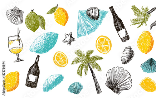투명한 배경에 레몬, 코코넛, 조개, 와인병, 야자수 등 여름 휴가 테마 일러스트 모음