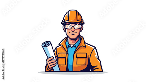 Cartoon construction worker holding blueprints