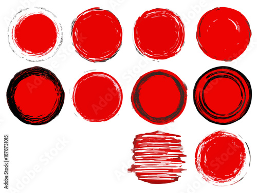 다양한 붓 터치와 질감의 빨간색 원형 스탬프 아이콘 세트, 투명한 배경에 디자인 요소