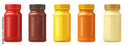 다양한 색상의 투명한 플라스틱 병들이 흰색 배경에 나란히 놓여 있습니다.