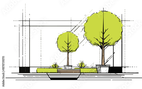 투명한 스케치 스타일로 표현된 현대적인 도시 공간의 조경 디자인 스케치