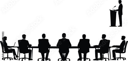 Corporate boardroom meeting silhouette with speaker at podium, executive presentation conference concept, professional business leadership illustration, 