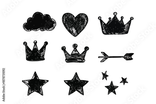 구름, 하트, 왕관, 화살표, 별 등 손으로 그린 다양한 아이콘 세트, 투명한 배경