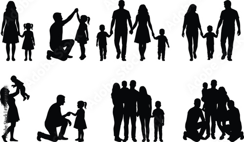 Family silhouettes collection, parents children together, walking holding hands, love care bonding moments, minimal black vector illustration isolated white background