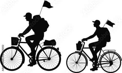 Cyclist silhouette with backpack and flag riding bicycle, outdoor travel adventure concept, eco transport illustration, isolated black vector design
