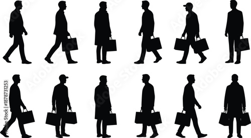 Business people silhouettes set, walking standing men carrying shopping bags, urban lifestyle concept, minimal black vector illustration isolated background