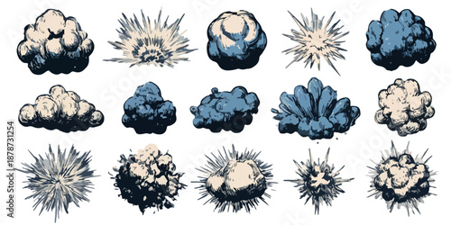 다양한 폭발 효과 및 구름 모양 일러스트 세트, 투명한 배경에 배치된 추상적인 형태