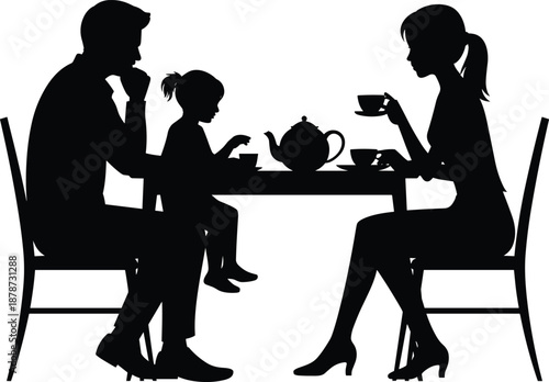 Family tea time silhouette, parents and child drinking tea together, cozy home moment, lifestyle concept, black and white illustration
