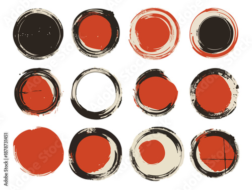 다양한 붓 터치 질감의 원형 디자인 요소와 붉은색 점들이 조화롭게 배치된 추상적인 패턴