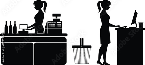 Retail cashier silhouette with customer self checkout station, supermarket shopping concept, modern store payment illustration, isolated black vector design icon