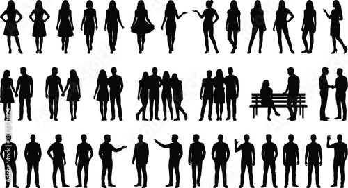 People silhouettes collection, men women couples groups interacting standing walking gestures, social relationships lifestyle concept, minimal black vector illustration design