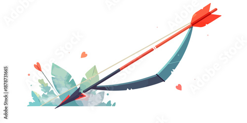 사랑의 큐피드 화살이 돋보이는 활과 화살, 그리고 잎사귀와 하트가 로맨틱한 분위기를 연출합니다.