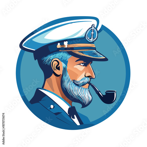 a simple logo flattened graphics of a vintage sailor man with hat, beard and pipe,