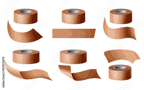 다양한 각도와 형태로 표현된 갈색 테이프 롤 세트, 투명한 배경 위에 놓여 있음