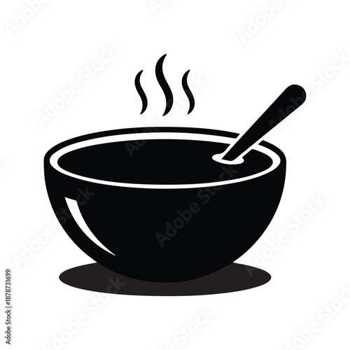 Hot soup bowl with spoon and steam icon vector silhouette

