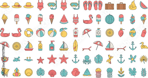 Summer beach and vacation icons vector set with swimsuits, ice cream, fruits, sea animals and travel elements in colorful flat cartoon illustration style isolated on white background