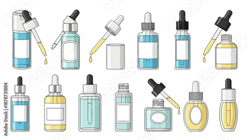 Collection of serum bottles with droppers and various colored liquids