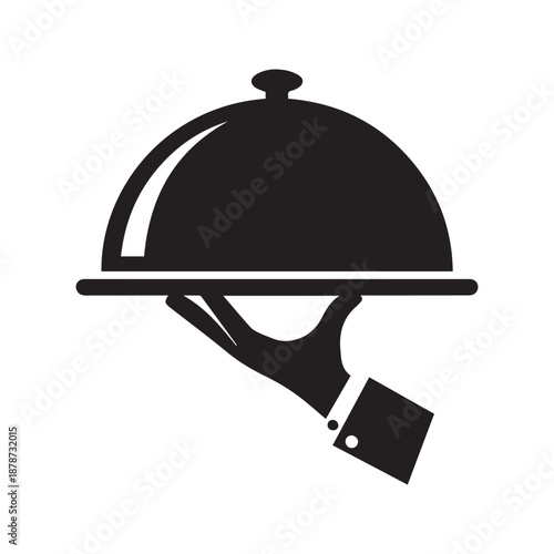 Waiter hand holding serving tray with cloche lid icon vector silhouette
