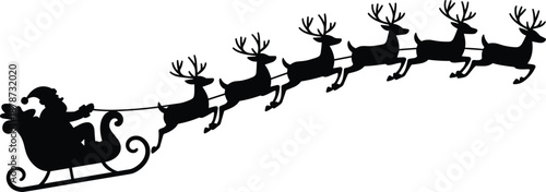 Santa Claus sleigh silhouette with flying reindeer, Christmas holiday illustration, winter night concept, festive decoration, isolated black vector design