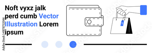 Wallet, hand holding shopping bag with tag, minimalist design. Ideal for e-commerce, retail, finance, payment, shopping tips, consumer behavior simple landing page