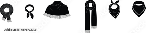 Scarf silhouette collection with fashion accessories styles, winter neckwear shawls bandanas design, clothing illustration set, isolated black vector