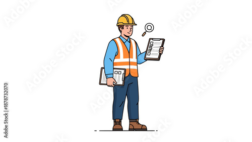 Construction worker with hard hat and safety vest holding clipboards
