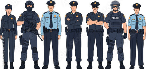 Police officers vector set with law enforcement men and women in uniform representing security, authority and public safety in flat illustration style isolated on white background