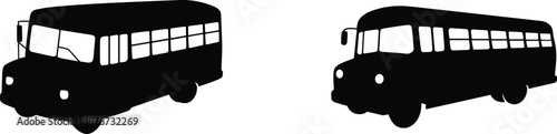 School bus silhouette illustration, classic public transport vehicles, black and white retro bus design, education transportation vector