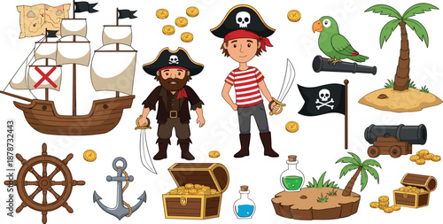 Pirate adventure vector set with ship, treasure chest, island, parrot and pirate characters for kids fantasy and nautical cartoon illustration design isolated on white background