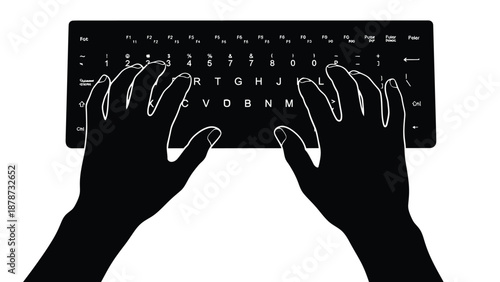 Silhouette of hands actively typing on a stylized black computer keyboard showing standard letter positions in a top-down view perfect for concepts of data entry and technology use