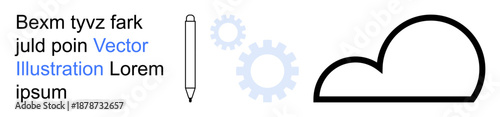 Digital technology, creative ideas, teamwork, cloud storage, innovation, productivity. Minimalist design with cloud outline, gear icons and pen sketch. Digital technology and productivity concept