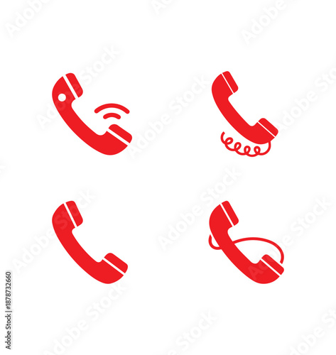 Four essential red telephone handset vector icons illustrating various communication states are isolated on a clean white background for reliable.