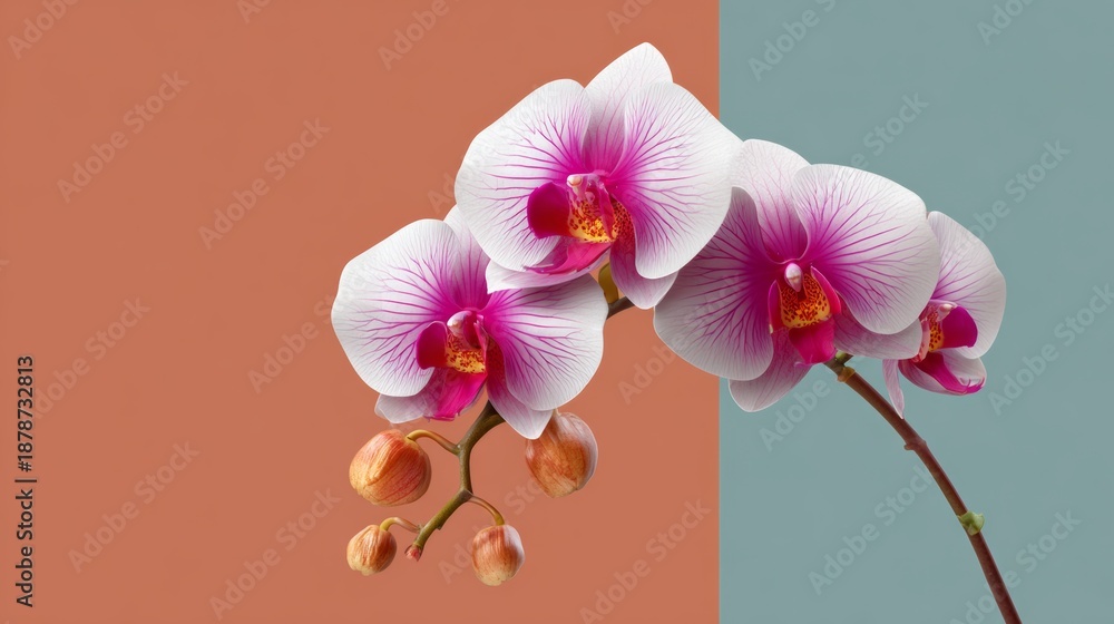 Obraz premium Geometric orchid flat illustration art with vibrant pink and white flowers against a contrasting background, showcasing minimalist design and clear lines with copy space for text