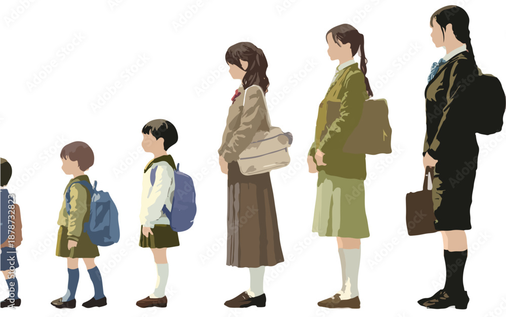Fototapeta premium 다양한 연령대의 여성들이 교복을 입고 나란히 서서 성장 과정을 보여주는 일러스트레이션