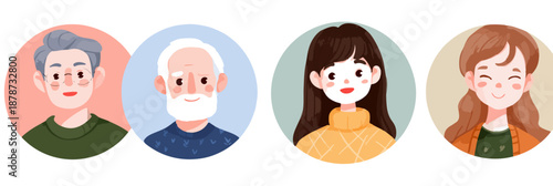 다양한 연령대의 사람들의 귀여운 일러스트 프로필 사진 모음