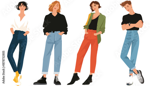 다양한 복장을 한 젊은 남녀 일러스트, 패션 스타일과 개성을 보여주는 현대적인 디자인