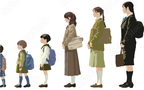 다양한 연령대의 여성들이 교복을 입고 나란히 서서 성장 과정을 보여주는 일러스트레이션