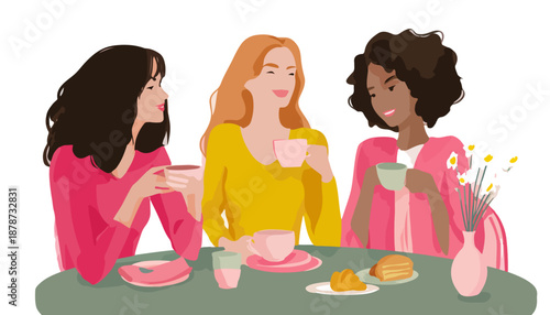세 명의 다양한 여성들이 테이블에 앉아 커피잔을 들고 즐겁게 대화하며 휴식을 취하고 있습니다.