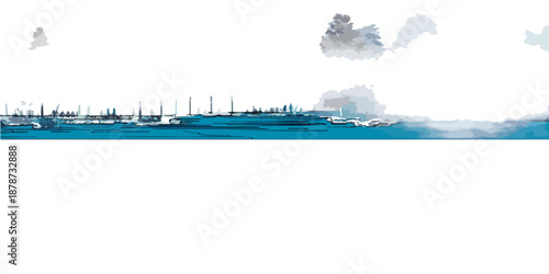 푸른 수평선과 옅은 구름이 있는 추상적인 풍경화, 투명한 수채화 스타일