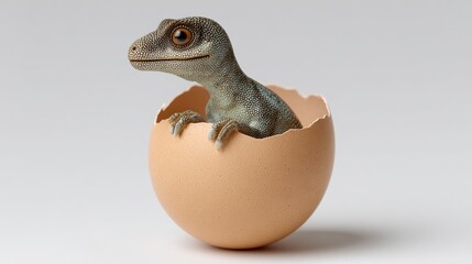 Realistic photograph of a toy dinosaur emerging from a cracked egg, showcasing warm lighting and a neutral background, ideal for advertising or promotional use with copy space