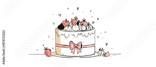 딸기와 크림이 장식된 귀여운 케이크와 핑크 리본, 축하와 기쁨의 순간을 표현한 일러스트