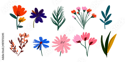 다양한 색상의 꽃과 잎사귀 일러스트 모음, 투명 배경에 그려진 귀여운 식물 디자인