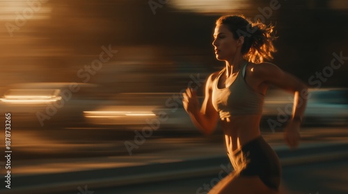 Energetic woman running with speed and determination during an urban sunset, creating motion blur with copy space