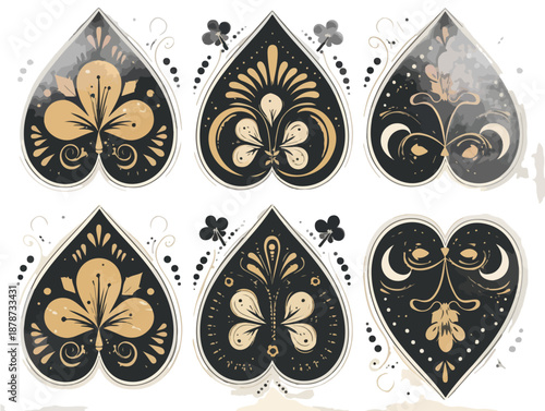 다양한 패턴의 아름다운 꽃과 잎사귀 디자인이 있는 검은색 하트 모양의 추상적인 그래픽 리소스