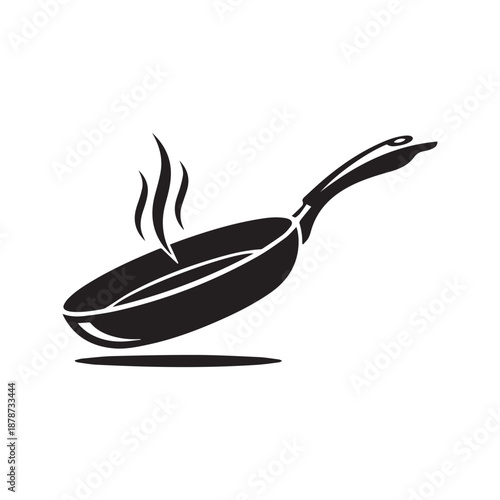 Frying pan icon with steam vector silhouette. Hot cooking skillet logo illustration isolated.
