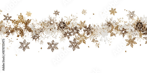 Złote i srebrne płatki śniegu tworzą świąteczną, przezroczystą dekoracyjną ramkę na białym tle.