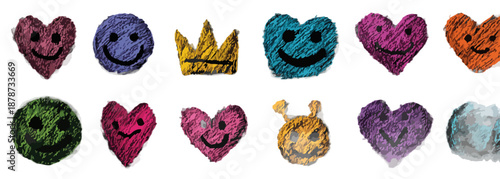 다양한 색상의 귀여운 손그림 이모티콘과 하트, 왕관, 외계인 모양 아이콘 모음